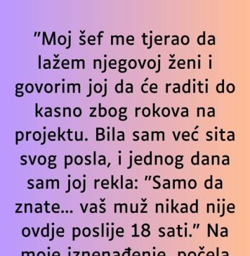 “Sef me tjerao da lazem njegovoj zeni da ostaje duze na poslu, a onda jedan dan sam se slomila…” “Sef me tjerao da lazem njegovoj zeni da ostaje duze na poslu, a onda jedan dan sam se slomila…” - featured image